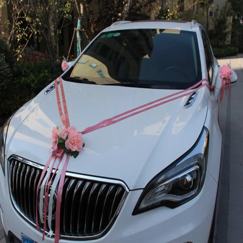 Wedding Car Decoration Artificial Flower Set – White & Pink Wedding Flower Decor Axl