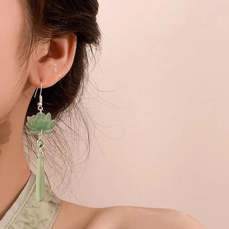Chinese Lotus Cat's Eye Tassel Drop Earrings | 1 Pair Tassel Drop Earrings Axl