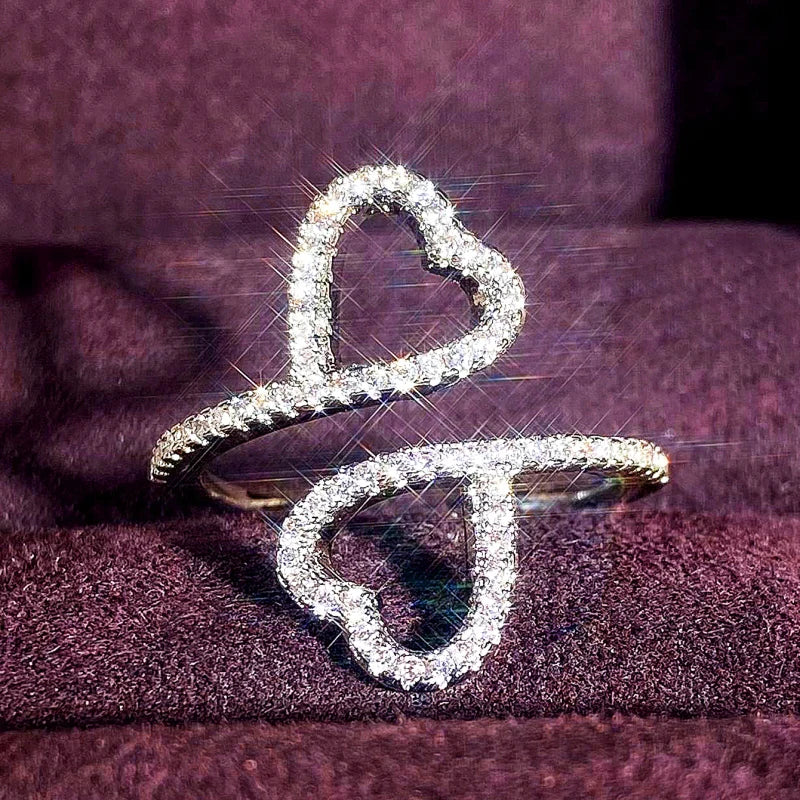 Huitan Double Heart CZ Adjustable Ring | Women's Fashion Ring Fashion Ring Axl