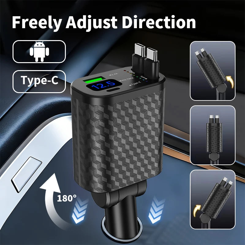 4-in-1 Retractable Car Charger – Digital Display & Fast Charging Car Phone Charger Axl