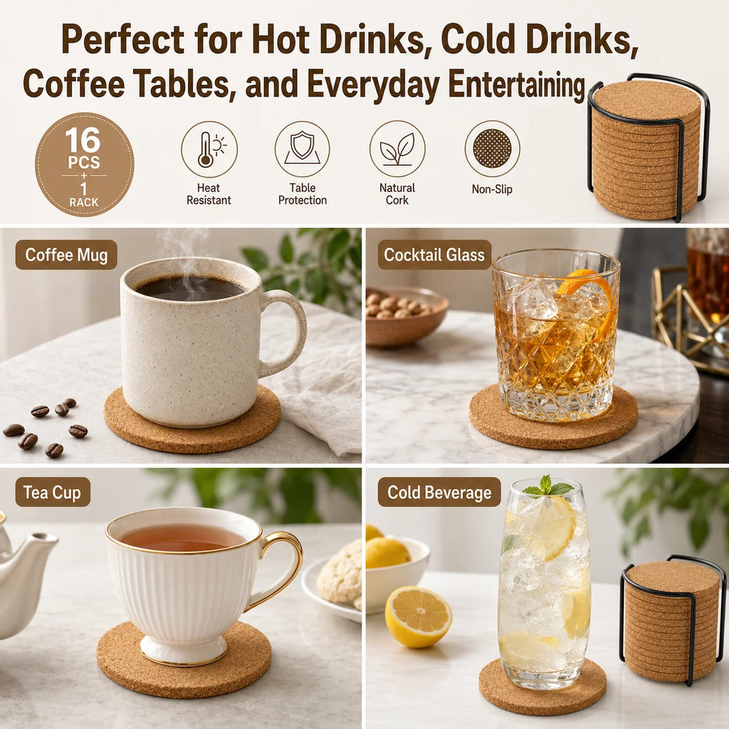 16-Pack Natural Cork Coasters with Holder – Heat Resistant Cork Coaster Set Axl