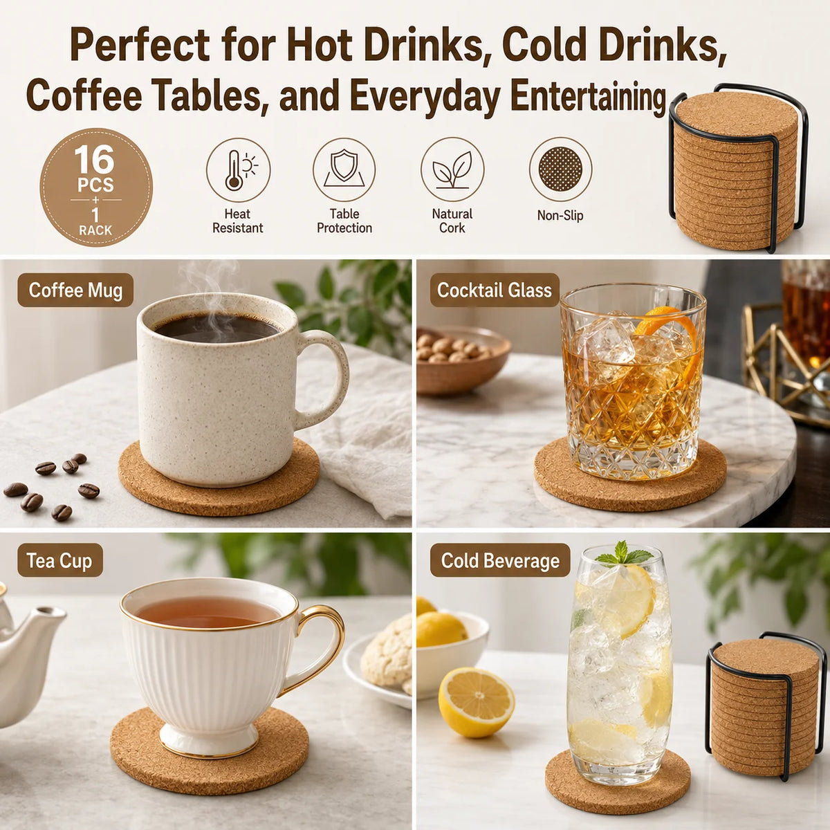 16-Pack Natural Cork Coasters with Holder – Heat Resistant Cork Coaster Set Axl