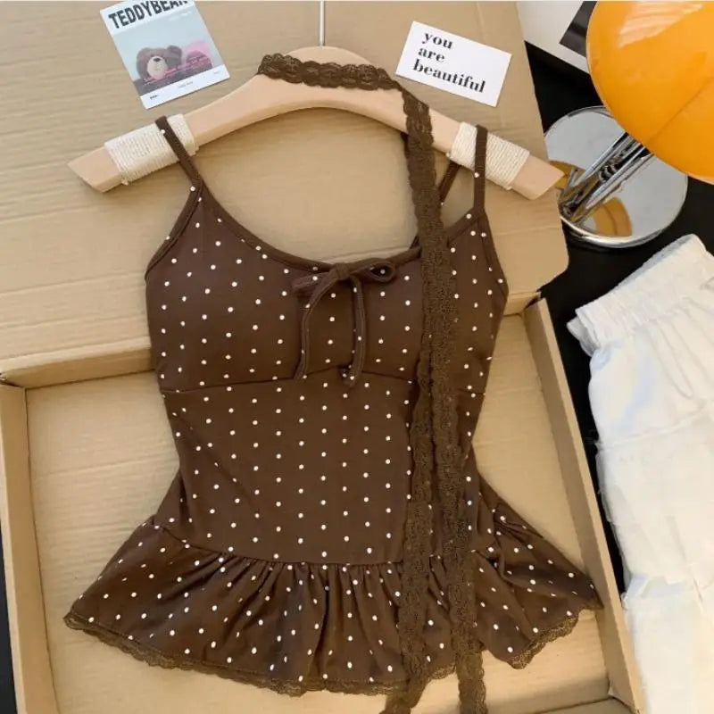 Women's Polka Dot Bandeau Cami Top – French Slim Fit Summer Bandeau Cami Top Axl One Size Brown