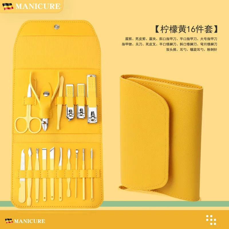 Stainless Steel Nail Clipper & Cuticle Remover Manicure Set Nail Care Set Axl 16-PIECE yellow 3-pa