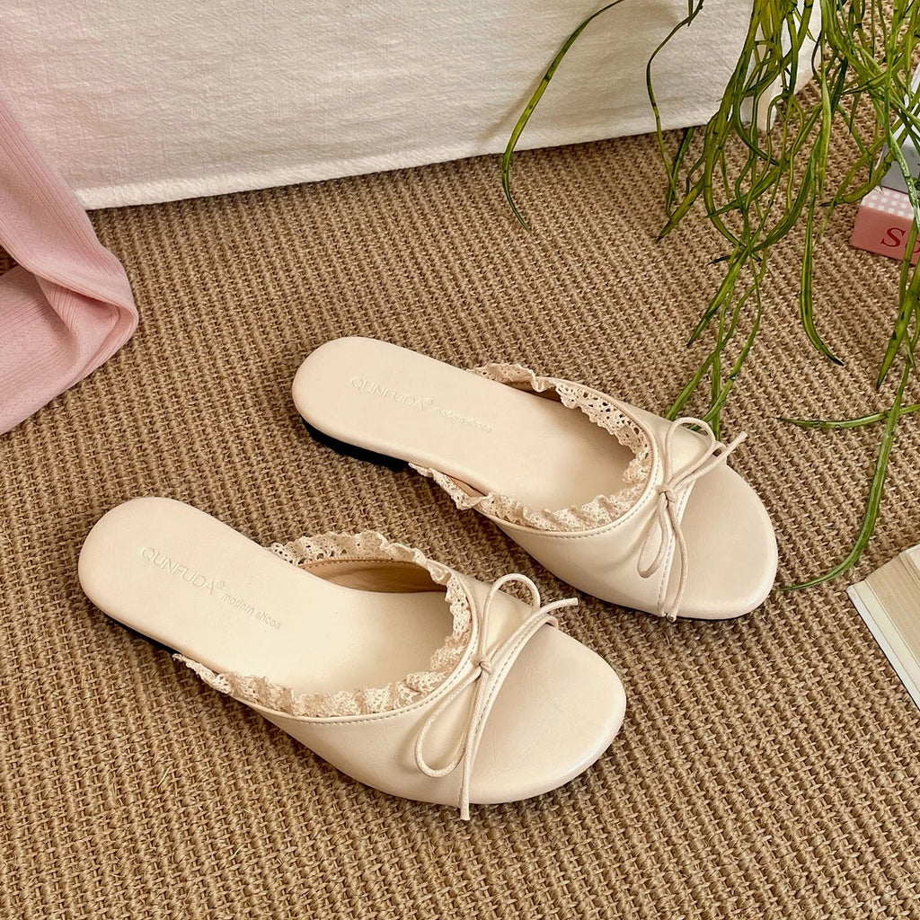 Bow Lace Women's Open Toe Flat Slide Sandals | Non-Slip Slippers Flat Slide Sandals Axl Beige 36