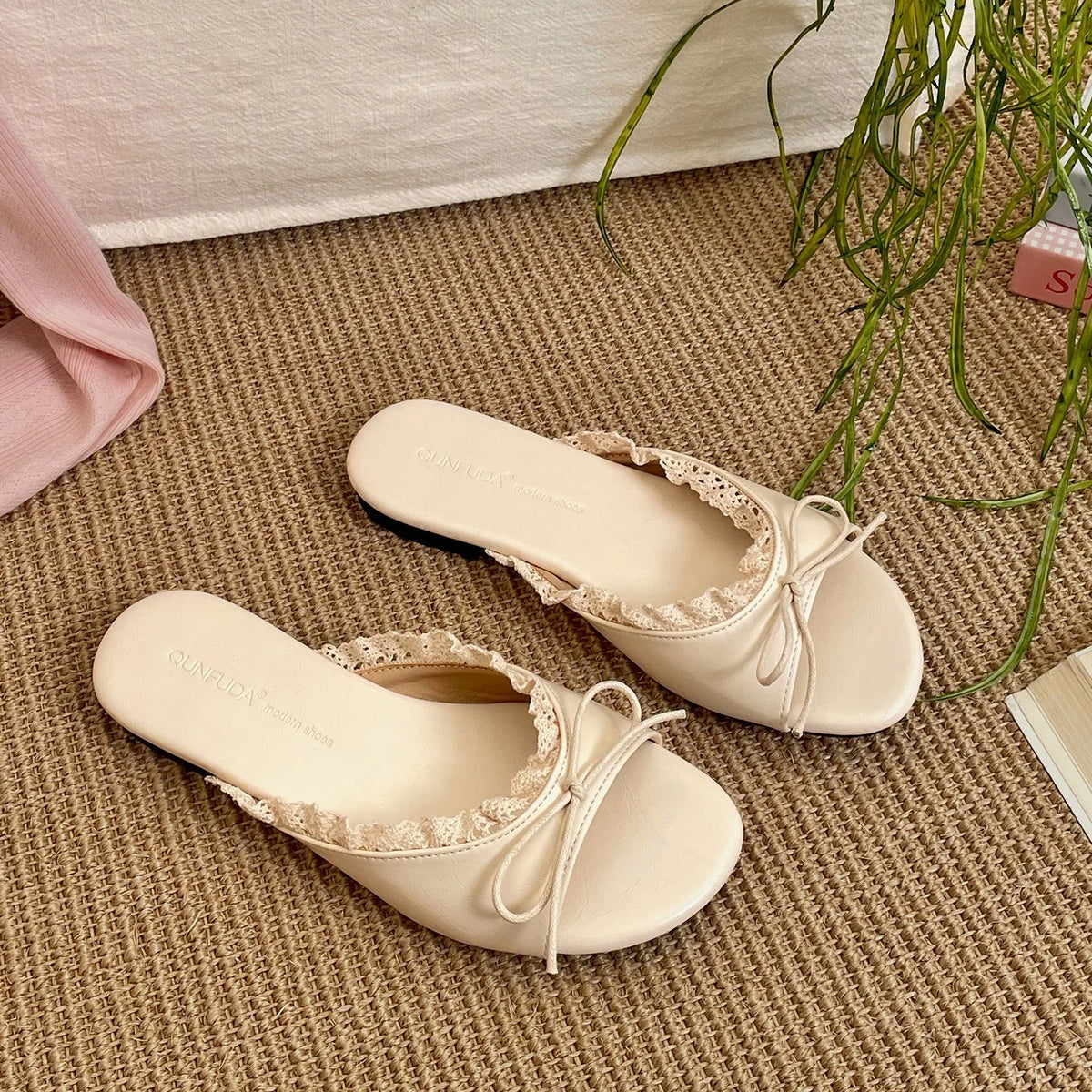 Bow Lace Women's Open Toe Flat Slide Sandals | Non-Slip Slippers Flat Slide Sandals Axl Beige 36