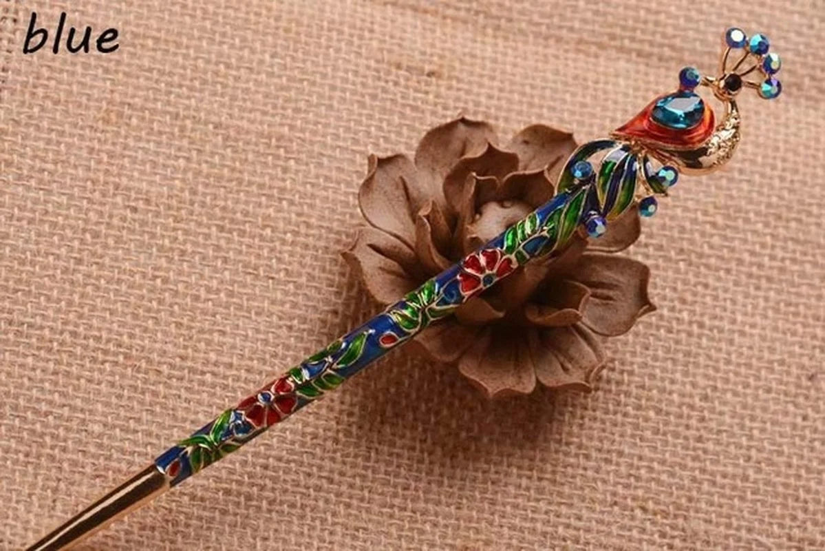 Retro Peacock Enamel Crystal Hair Stick Pin – Chinese Style Hair Stick Pin Axl bule