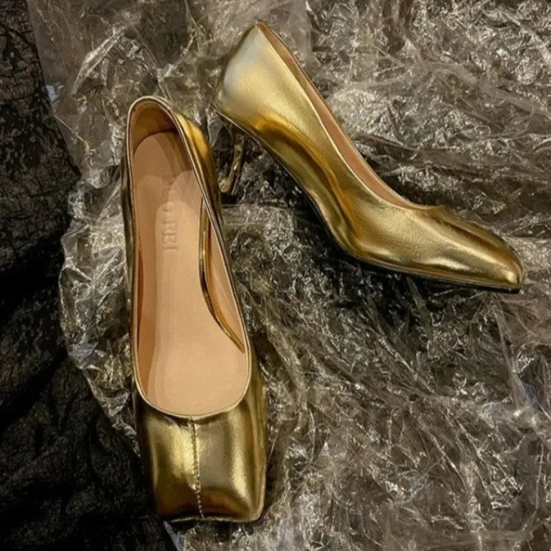 Women's Gold Silver Square Toe Stiletto Pumps | Party Heels Stiletto Pumps Axl