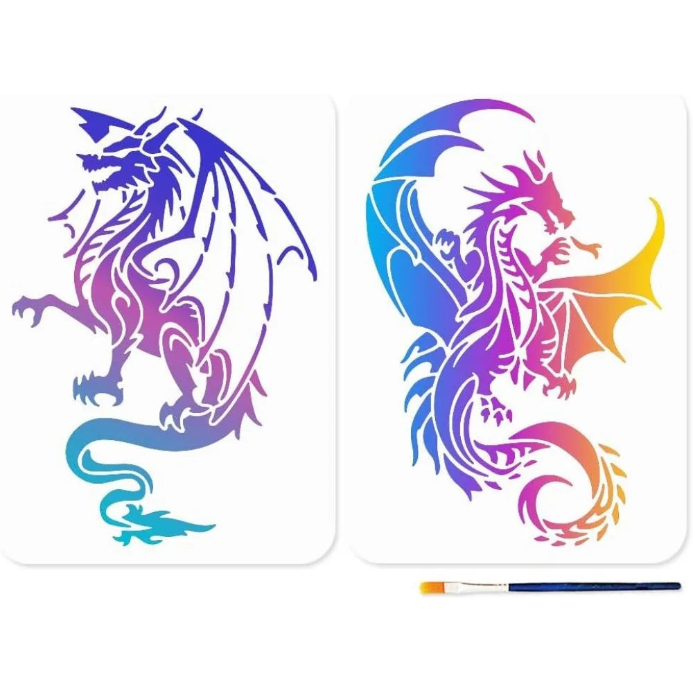 Dragon Stencils A4 2-Pack + Brush – Reusable DIY Craft Templates Craft Stencil Kit Axl AECH04-18666