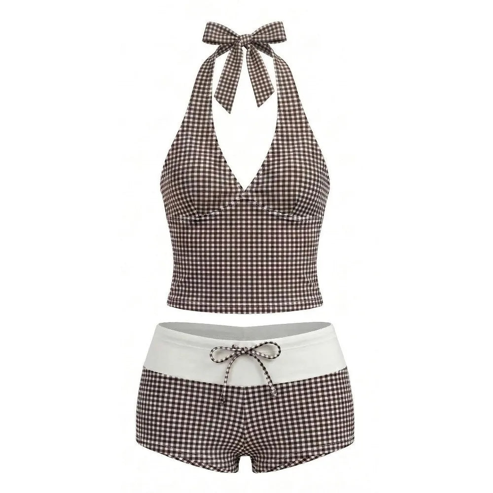 Y2K Halter Neck Plaid Bikini Set – 2-Piece Slim Swimsuit Bikini Swimsuit Set Axl Brown One Size