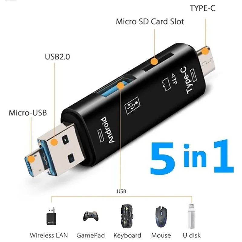 5-in-1 USB OTG Card Reader – Type-C, Micro USB, SD & TF USB OTG Card Reader Axl