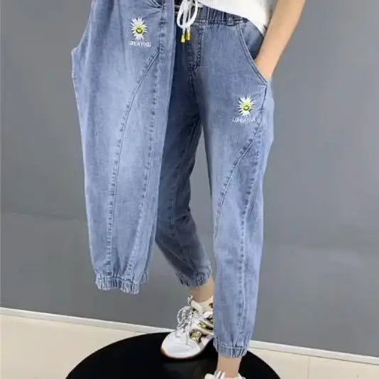 Women's Rhinestone Loose Denim Jeans Light Blue Plus Size S-5XL Women's Denim Jeans Axl Little daisy M (suit 47.5-54kg) China Mainland
