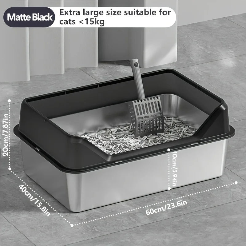 KEMORELA XL Stainless Steel Cat Litter Box with Lid & Scoop Cat Litter Box Axl Matte Black 60cm