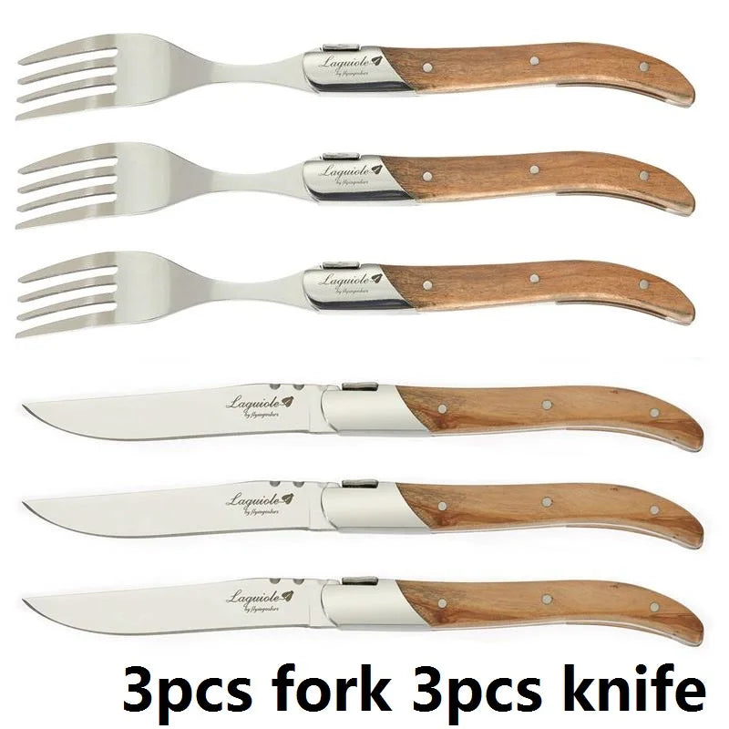 Laguiole Steak Knife Set – Olive Wood Handle, Polished Blade Steak Knife Set Axl 3 knife 3 fork
