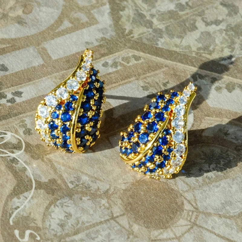 Huitan Teardrop CZ Stud Earrings – Gold Tone Blue & White Stud Earrings Axl