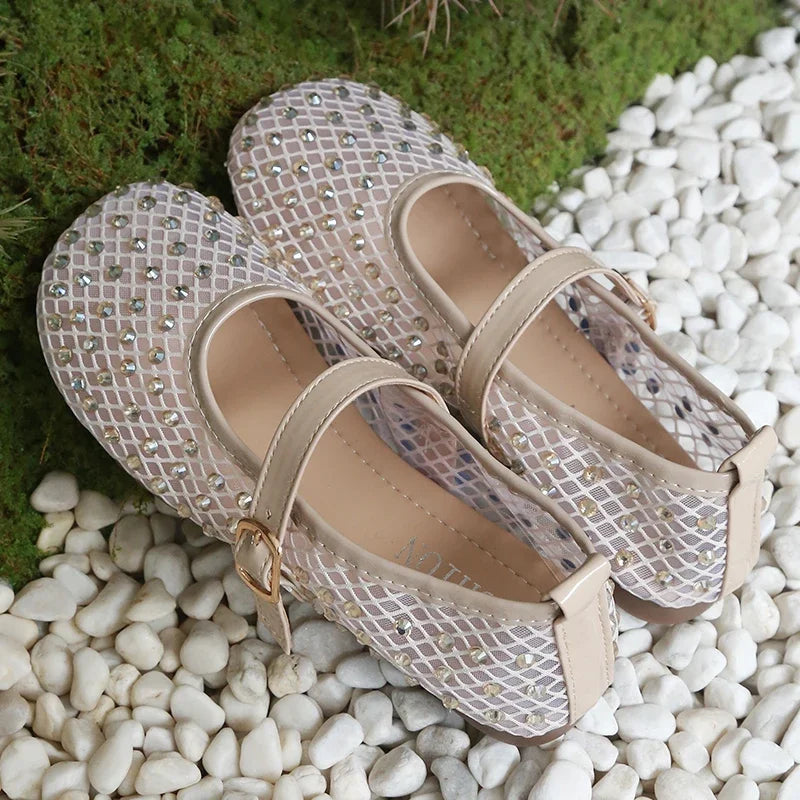 Women's Crystal Rhinestone Mesh Mary Jane Flats | Luxury Mary Jane Flats Axl Beige 38