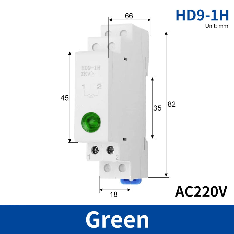 HD9 DIN Rail LED Signal Indicator Light 9mm 18mm 220V – 4 Colors LED Indicator Light Axl 1H-Green