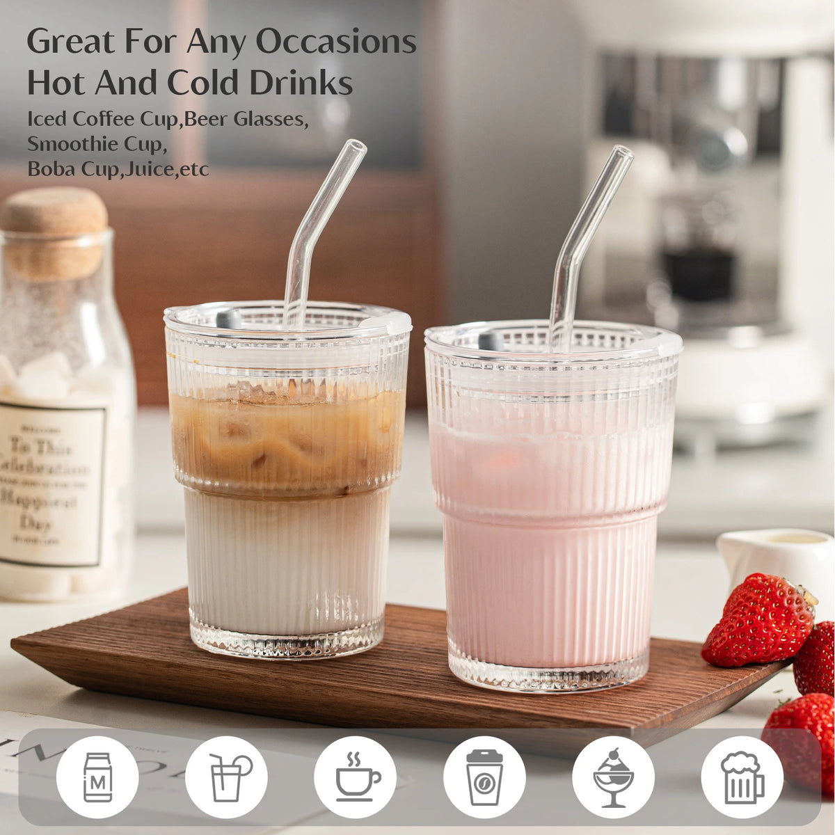 450ml Striped Glass Cups with Lid & Straw | Set of 1 or 2 Glass Drinking Cup Axl