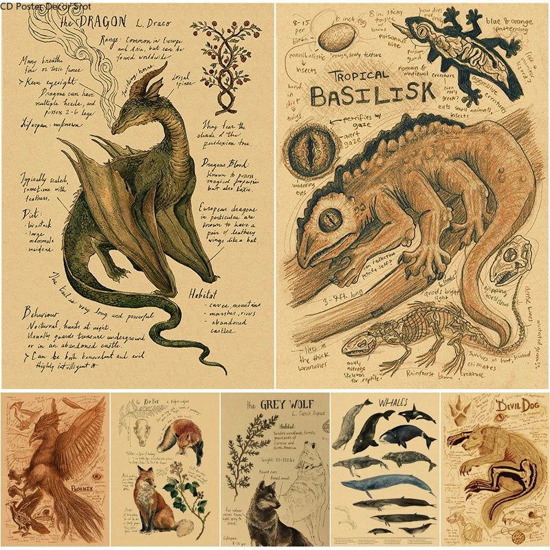 Vintage Animal Kraft Paper Poster – Dragon, Fox, Wolf & More Wall Art Poster Axl