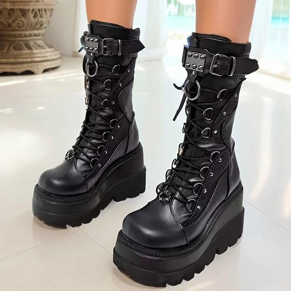 Women's Goth Punk Wedge Boots – Rivet Buckle Mid-Calf High Heels Wedge Mid-Calf Boots Axl