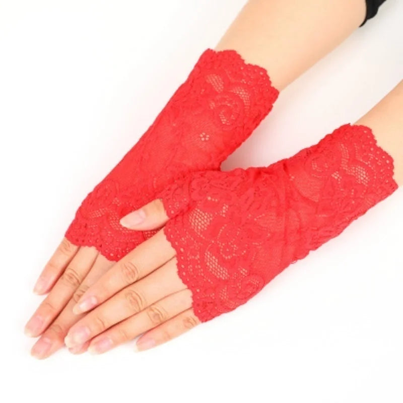 Women's Half-Finger Lace Mesh Gloves – UV Sun Protection Lace Sun Gloves Axl Red One Size