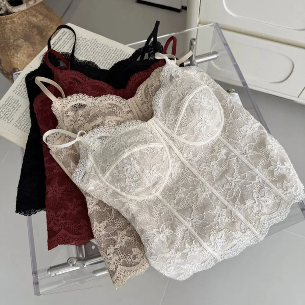 Mesh Floral Lace Crop Camisole Top with Pads | Women's Summer Vest Lace Crop Camisole Axl