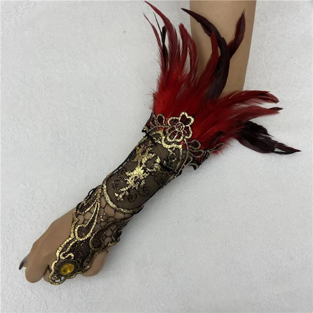Women's Feather Lace Cuff Gloves – Halloween Costume Accessory Costume Feather Gloves Axl Red