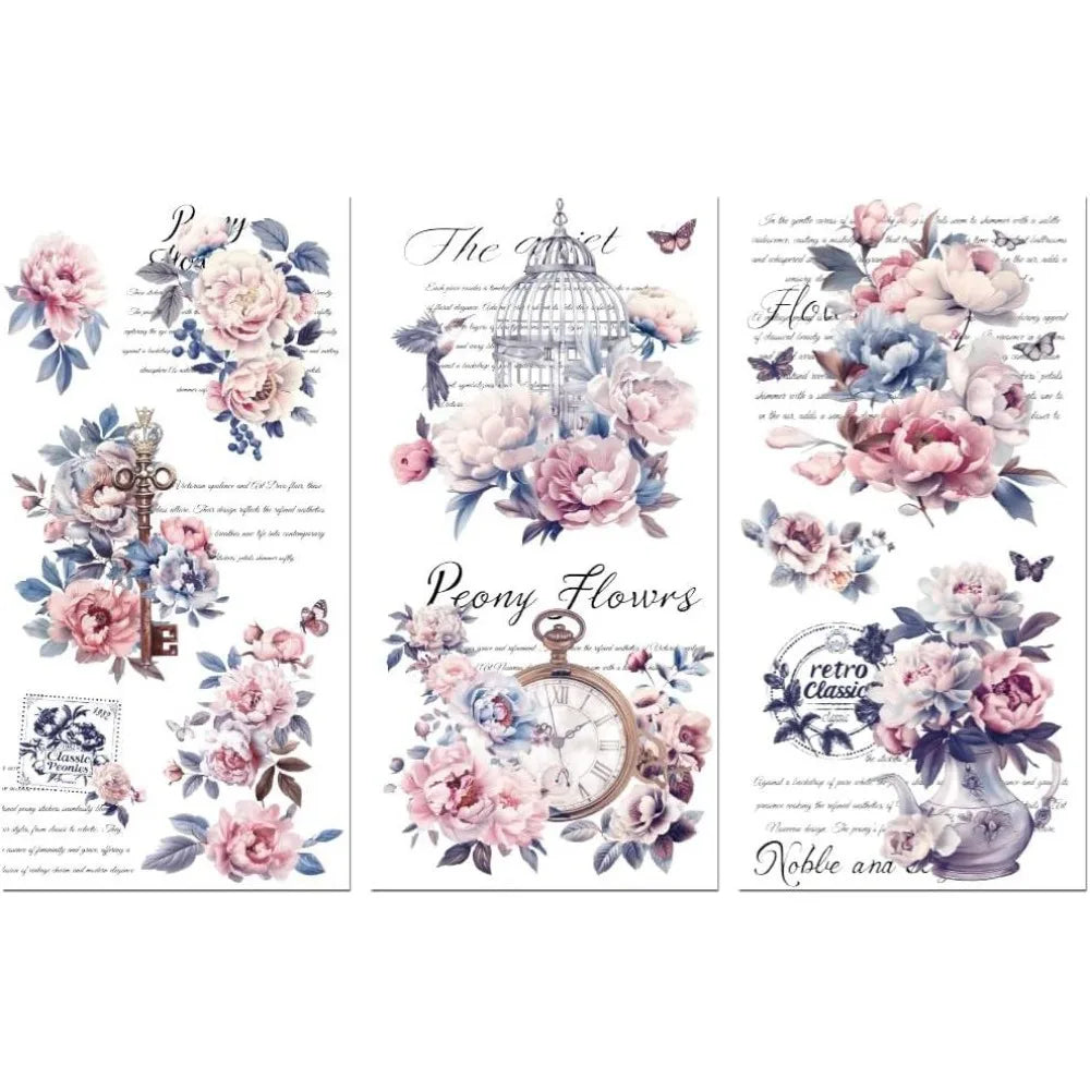 Vintage Peonies Rub-On Transfer Decals 6×12" – 3 Pack Craft Transfer Decals Axl AECH04-19580