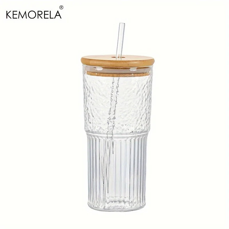 500ml Ribbed Glass Cup with Lid & Straw | Iced Coffee Mug Ribbed Drinking Glass Axl 1PCS 401-500ml