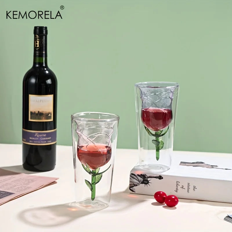KEMORELA Rose Shape Double-Layer Glass Wine Cup | Gift Double-Layer Wine Glass Axl