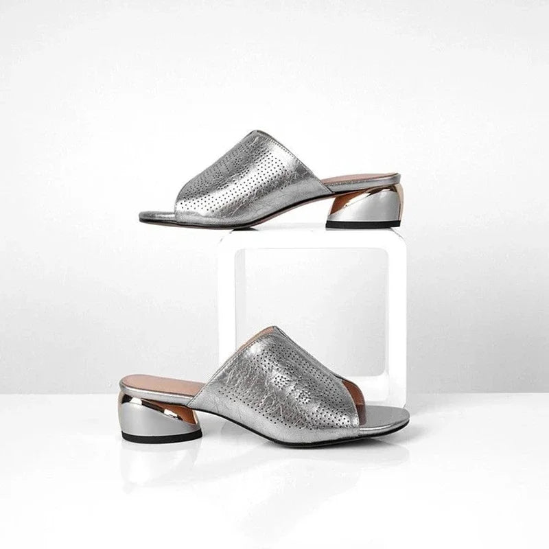 Women's PU Square Heel Slide Sandals – Silver & Gold Summer Heeled Slide Sandals Axl sliver 37