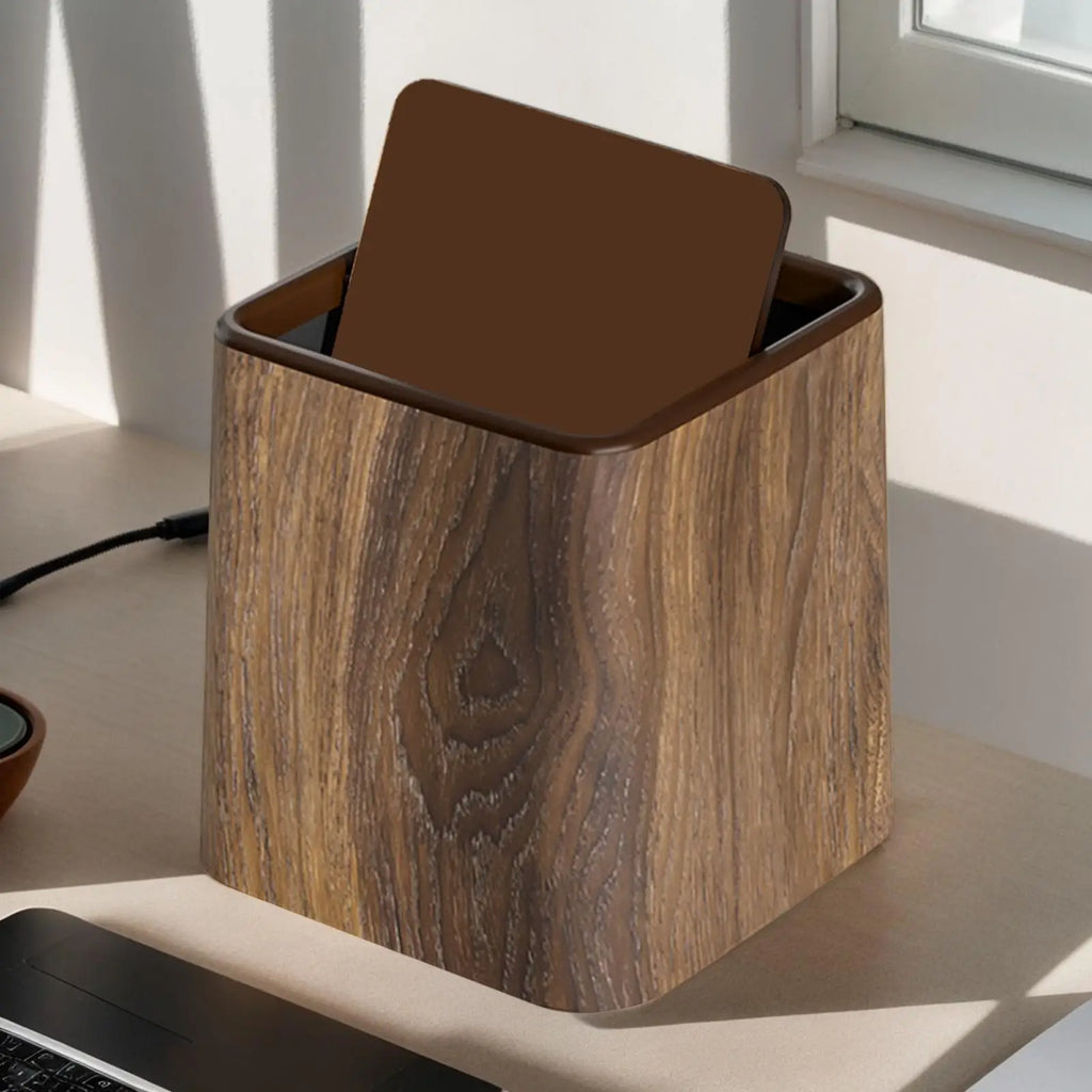 Retro Wood Grain Desk Trash Can with Lid | Small Desktop Bin Desktop Trash Can Axl