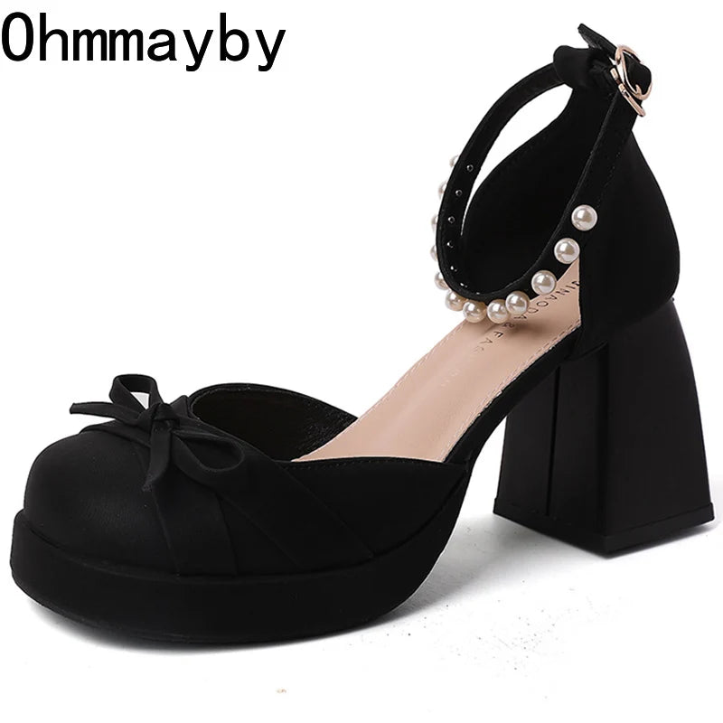 Women's Platform Mary Jane Pumps | Pearl Buckle Bow Heels Platform Mary Jane Pumps Axl