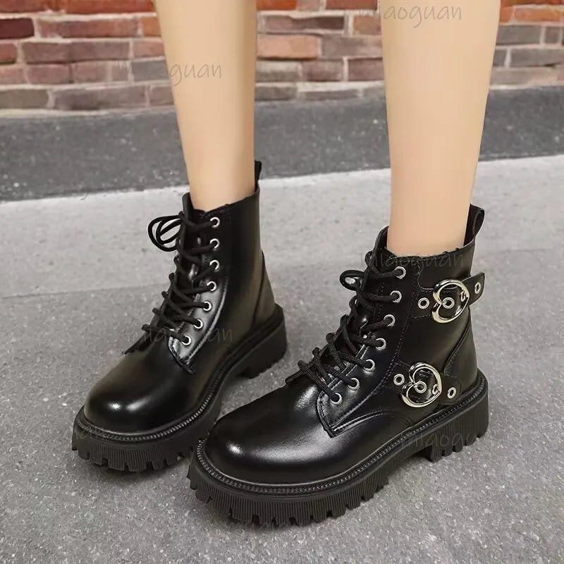 Women's Goth Platform Ankle Boots | Black Round Toe Plus Size Platform Ankle Boots Axl