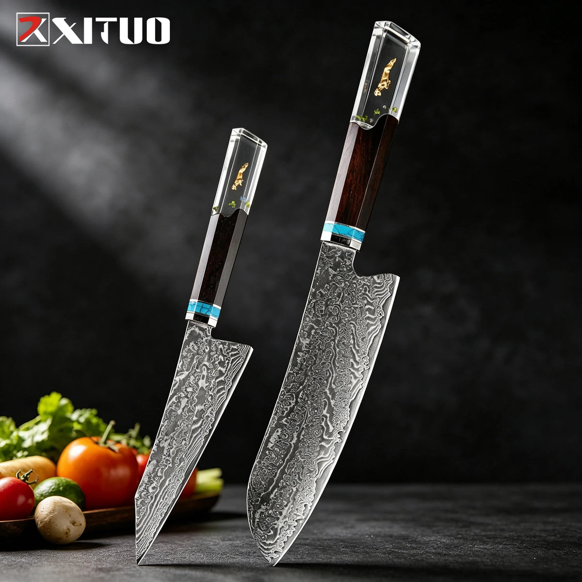 XITUO 8-Pc Damascus Steel Chef Knife Set | Resin Handle Chef Knife Set Axl 3PCS Knife C
