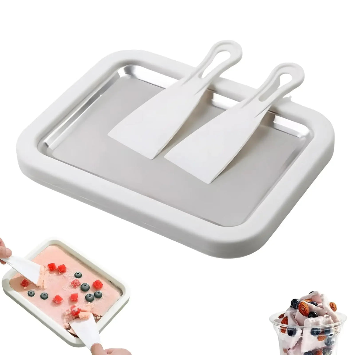 Rolled Ice Cream Maker Pan with 2 Scrapers | DIY Dessert Tray Ice Cream Maker Pan Axl white 22.5x17.5x3.5cm