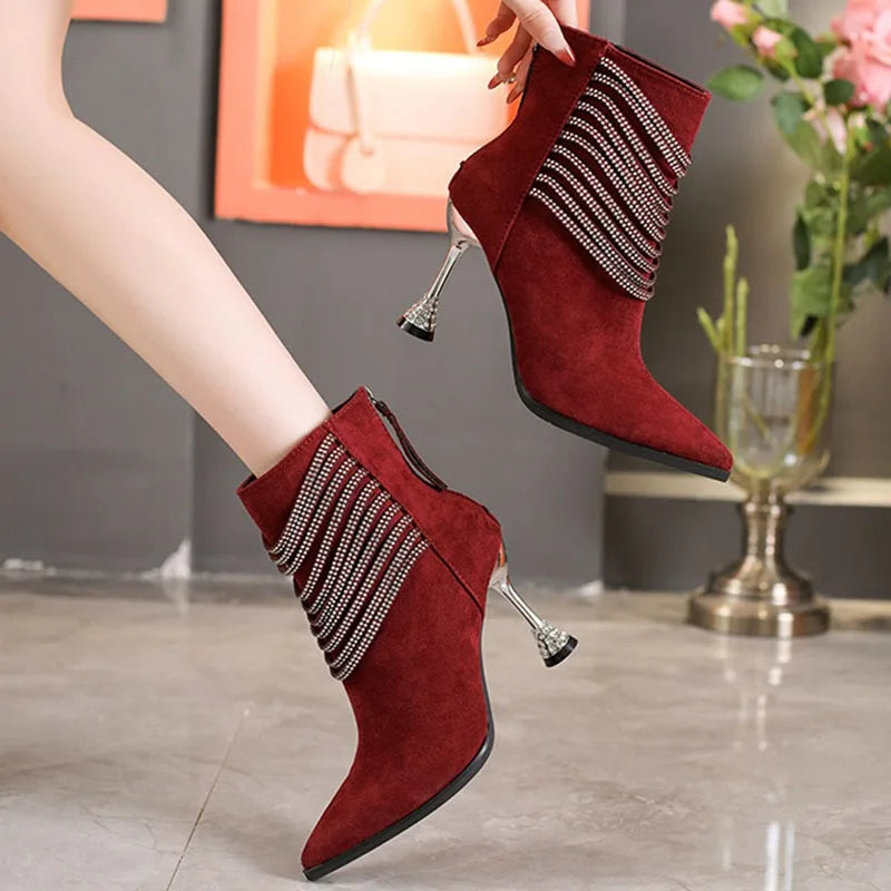 Women's Rhinestone Chain Ankle Boots – Pointed Toe High Heels Ankle Boots Axl