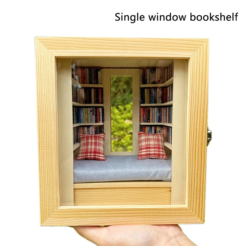 DIY Mini Library Book Nook Kit – Wooden Micro Landscape Shelf DIY Model Kit Axl A1