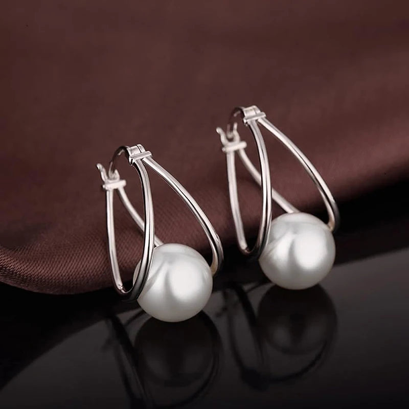 Huitan Imitation Pearl Hoop Earrings – Silver Fashion Jewelry Pearl Hoop Earrings Axl