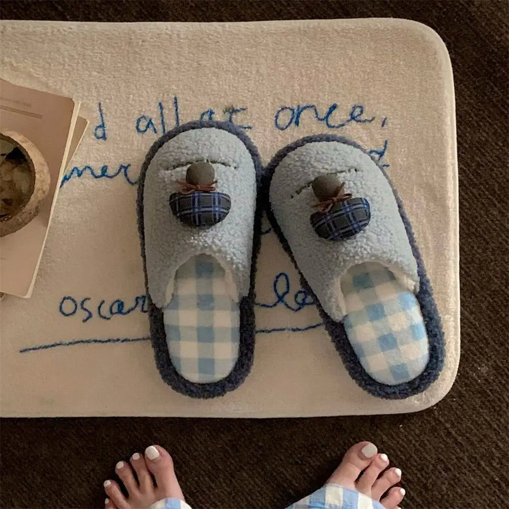Lorilury Women's Fluffy Mushroom Slippers | Warm Winter Slides Plush Slide Slippers Axl Blue 40-41