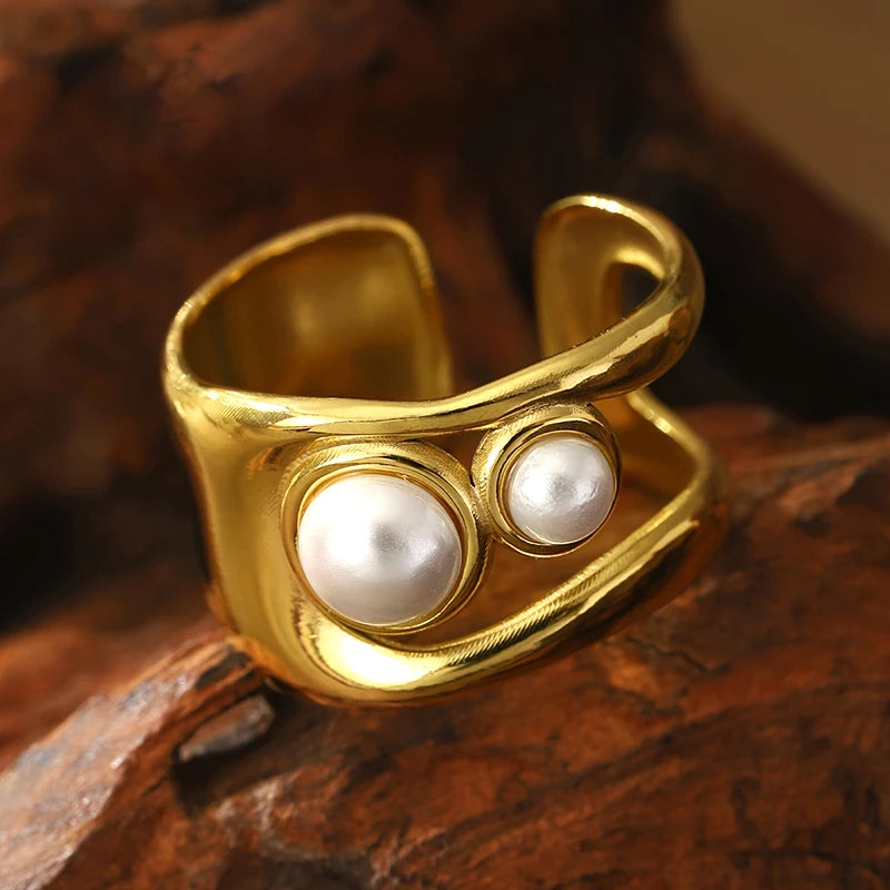 Huitan Gold Double Layer Imitation Pearl Statement Ring for Women Fashion Statement Ring Axl
