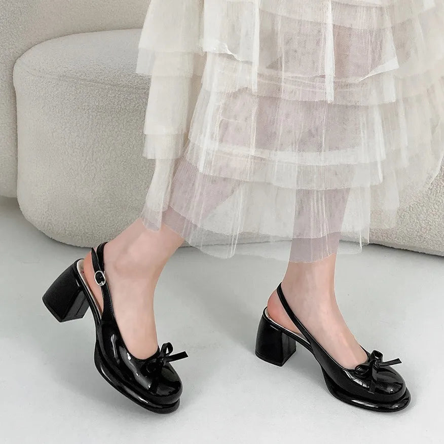 Women's Butterfly-Knot Closed Toe Thick Heel Slingback Sandals Women's Heeled Sandals Axl