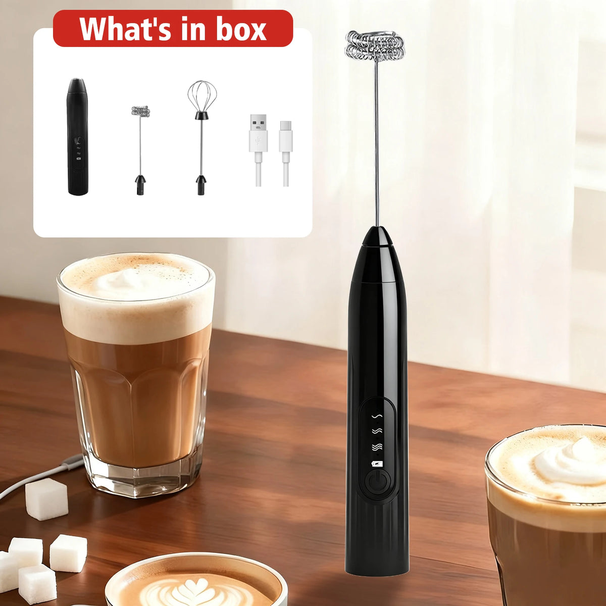 2-in-1 Rechargeable Handheld Milk Frother Wand & Drink Mixer Milk Frother Wand Axl Black 2 Whisk