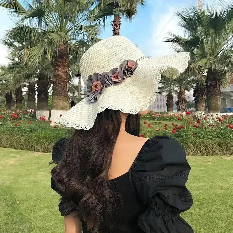 Women's Woven Floral Sun Hat – Breathable Summer Beach Hat Woven Sun Hat Axl White