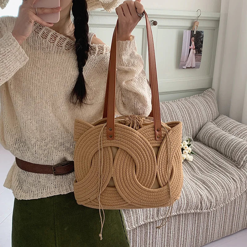 Woven Drawstring Shoulder Bag – Women's Vintage Tote Underarm Bag Woven Shoulder Tote Axl
