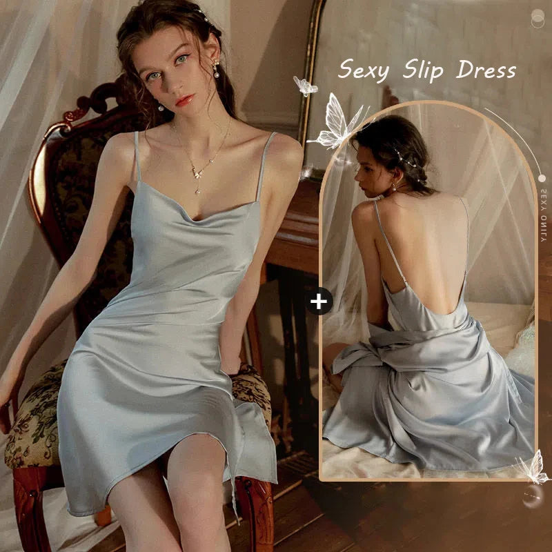 Satin Robe & Nightdress Set – 2-Piece Faux Silk Kimono Sleepwear Satin Robe Set Axl Sky Blue dress M