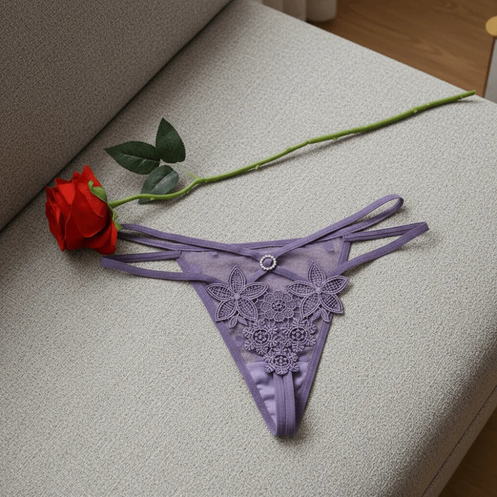 Women's Low Rise Floral Embroidery Thong – Lace Bikini Brief Thong Panties Axl