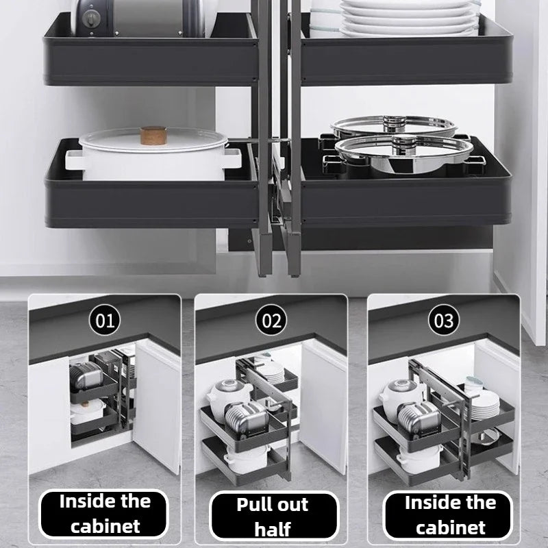 Corner Pull-Out Basket – Double Layer Space Aluminum Kitchen Rack Corner Cabinet Basket Axl