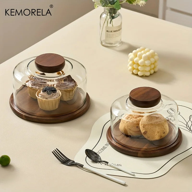 Round Wooden Cake Stand with Glass Dome Lid | KEMORELA Cake Stand Axl