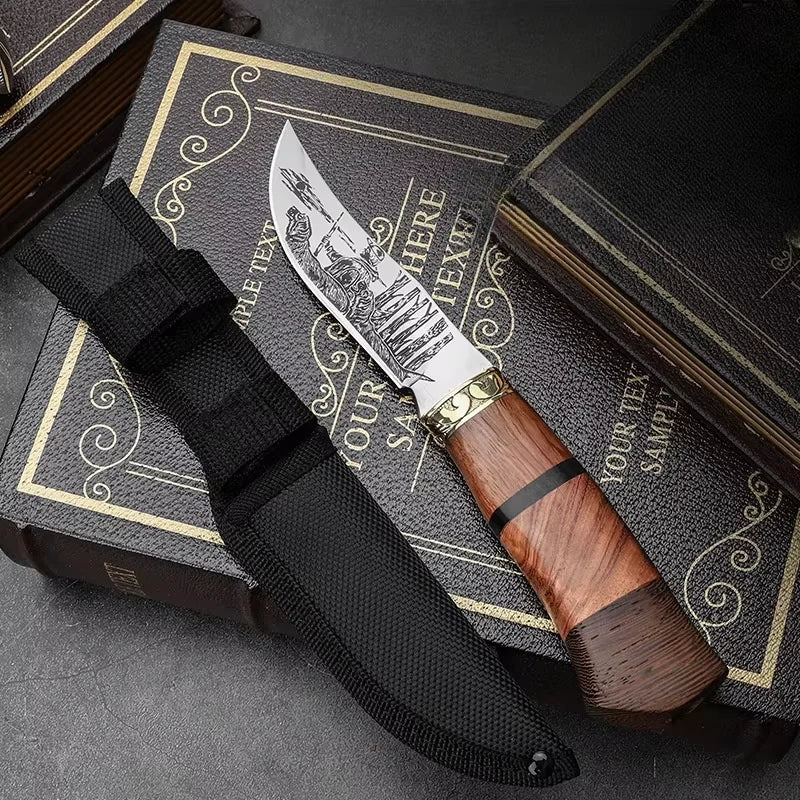 Fixed Blade Camping Knife – Engraved Stainless Steel & Wood Handle Fixed Blade Knife Axl